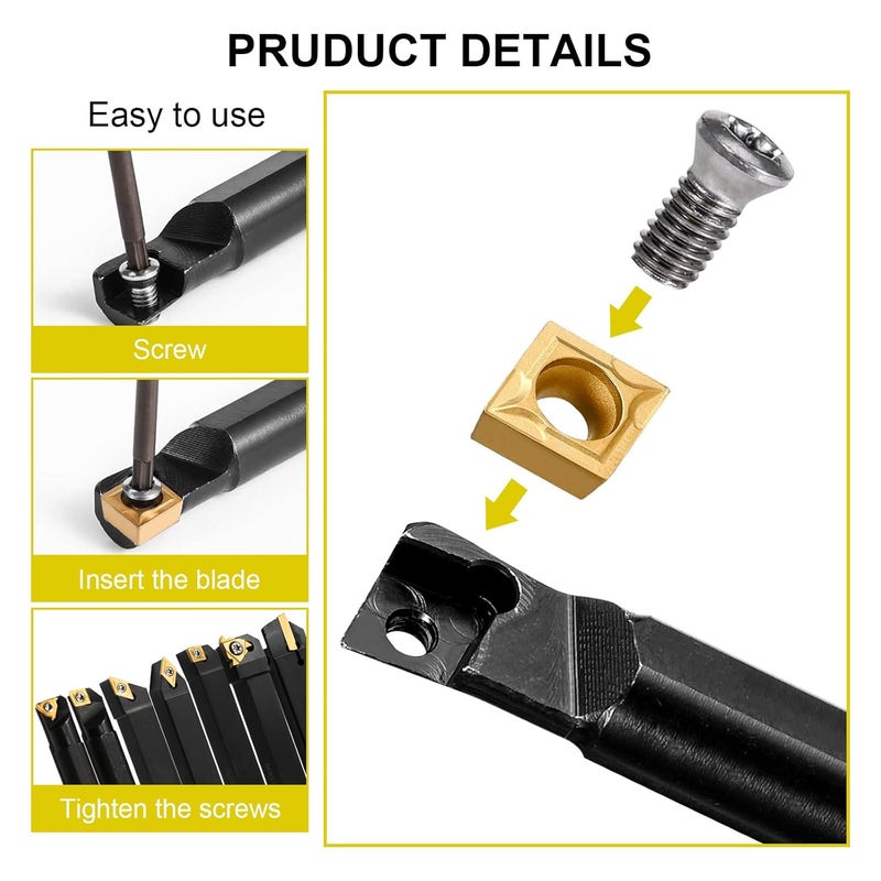 Uranshin Indexable Lathe Tools 21PCS Kit, 1/2" 12mm Shank 7PCS Metal Lathe Turning Tools Holders Boring Bar, with 14PCS Carbide Inserts Turning Inserts for Turning Grooving Threading Carbide Lathe Tools - Image 4